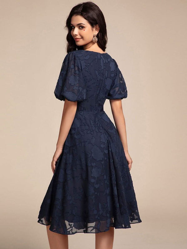Puff Sleeve V-Neck Midi Wedding Guest Dress #color_Black ever DANI|Puff Sleeve V-Neck Midi Wedding Guest Dress