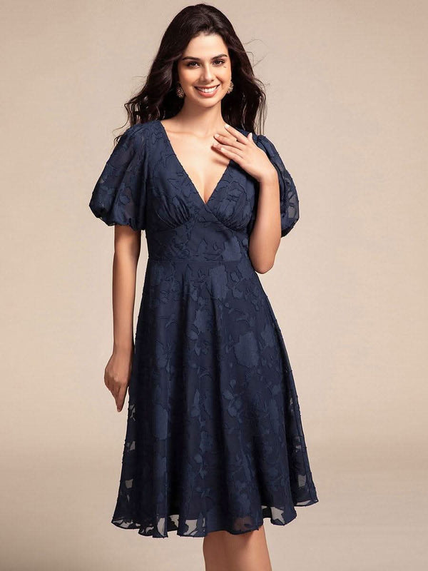 Puff Sleeve V-Neck Midi Wedding Guest Dress #color_Black ever DANI|Puff Sleeve V-Neck Midi Wedding Guest Dress