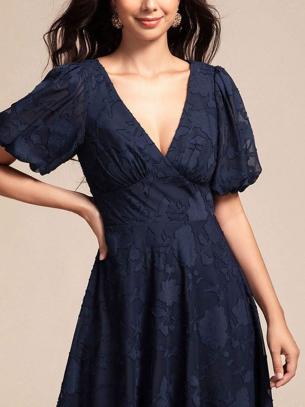 Puff Sleeve V-Neck Midi Wedding Guest Dress #color_Black ever DANI|Puff Sleeve V-Neck Midi Wedding Guest Dress