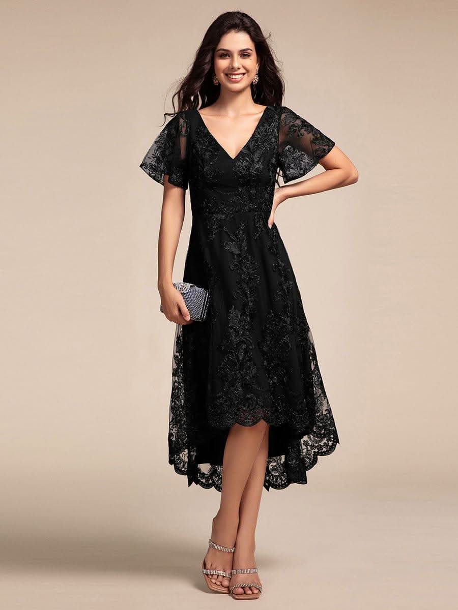 Embroidered Mesh Double V-Neck Short Sleeves Midi Wedding Guest Dress #color_Black