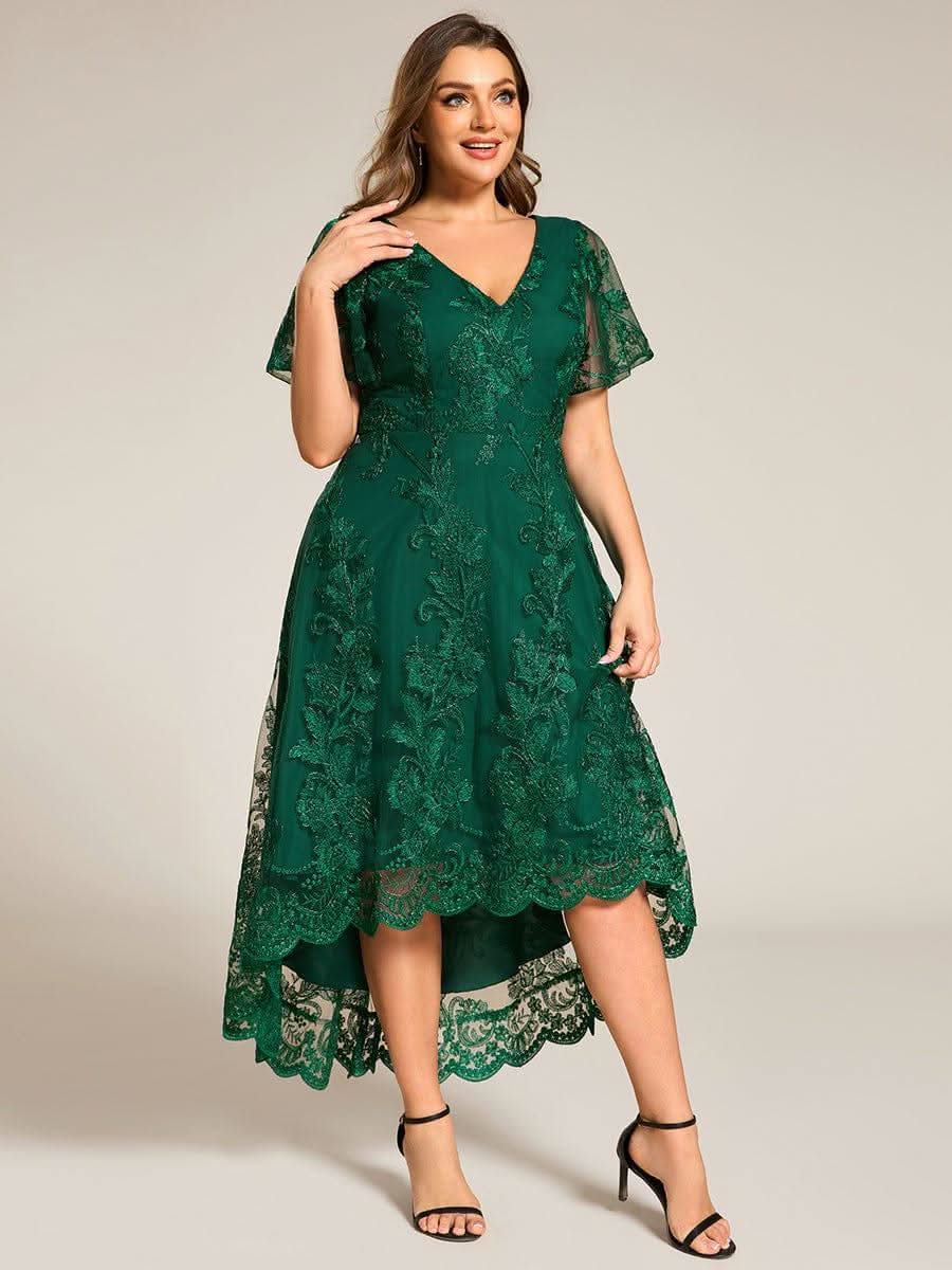 Embroidered Mesh Double V-Neck Short Sleeves Midi Wedding Guest Dress #color_Dark Green