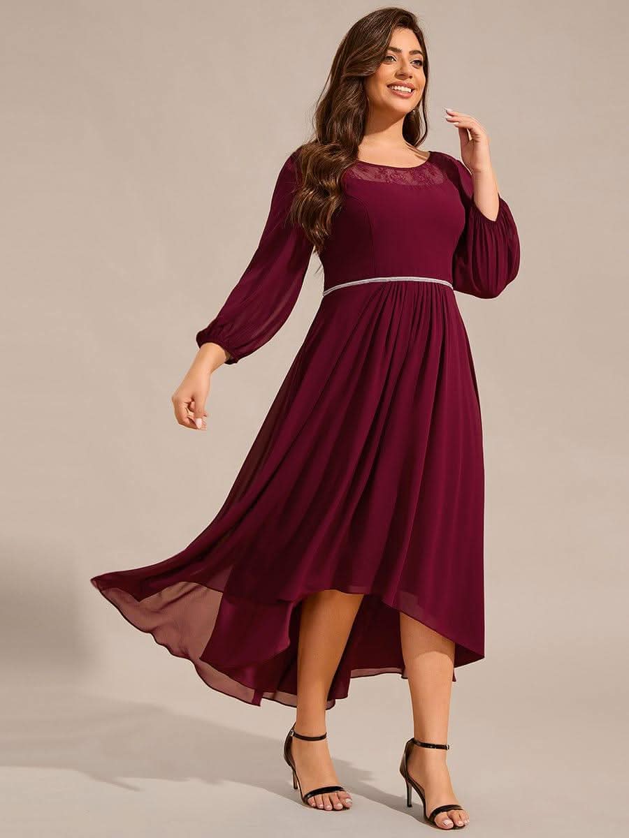 Long Sleeve Waist Chain Round Neckline Midi Chiffon Wedding Guest Dress #color_Burgundy