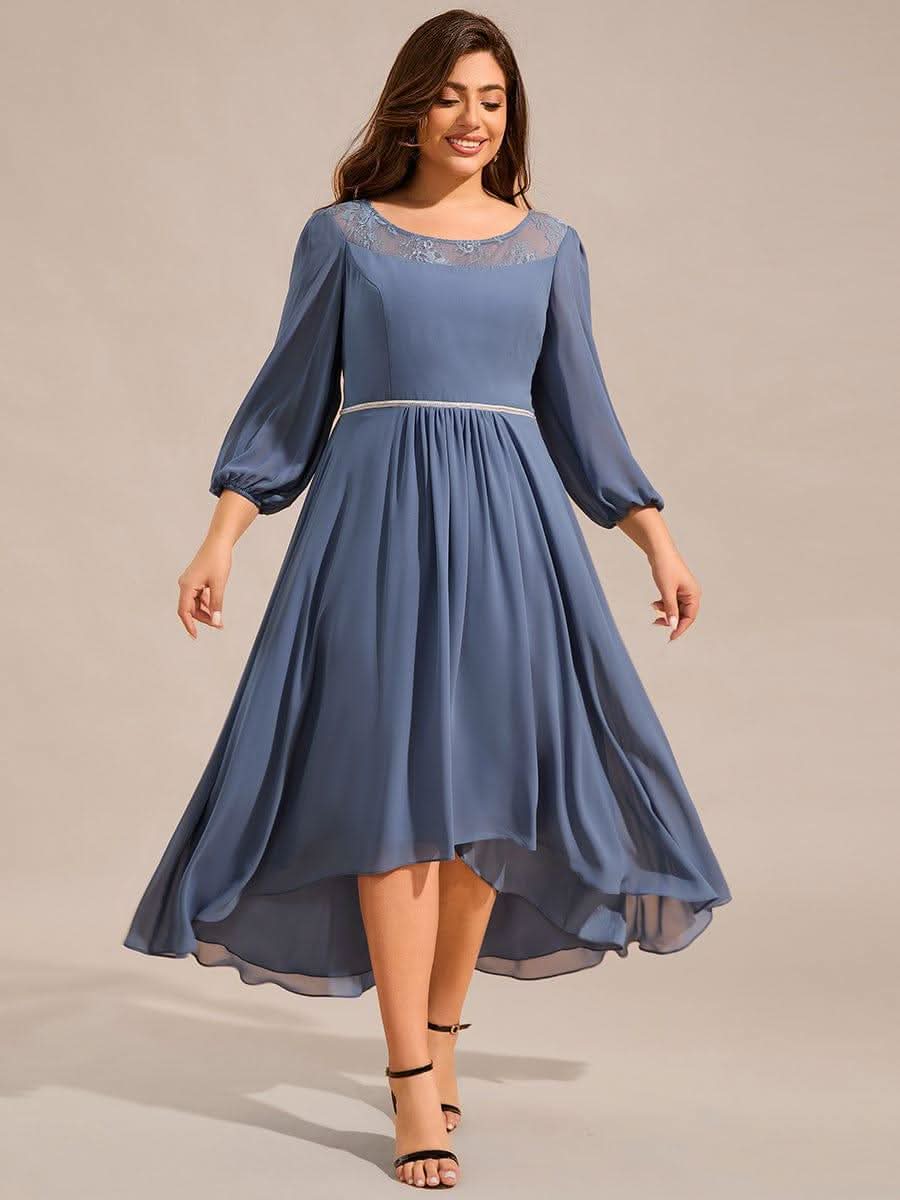 Plus Size Lace Round Neck Long Sleeve Chiffon Midi Wedding Guest Dress #color_Dusty Blue