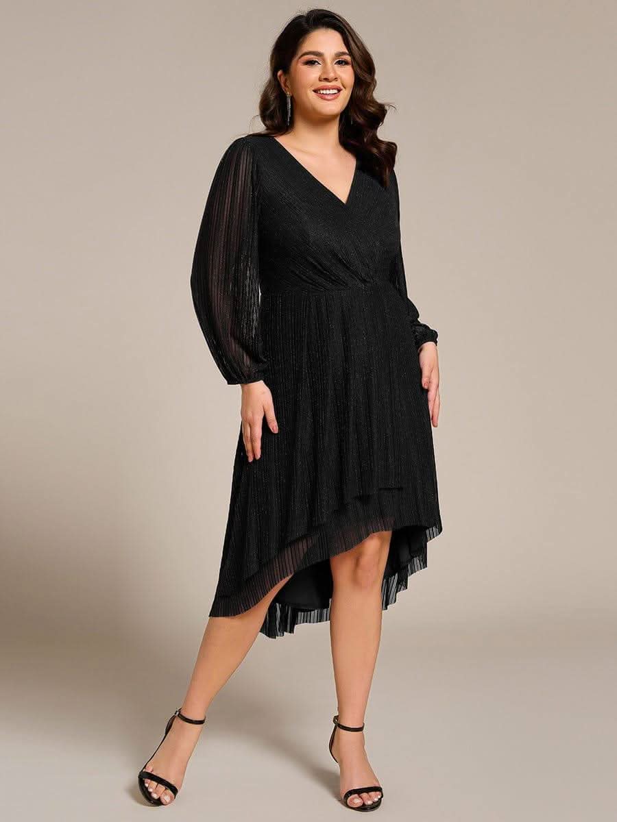 Glitter Long Sleeve V-Neck A-Line Midi Wedding Guest Dress #color_Black