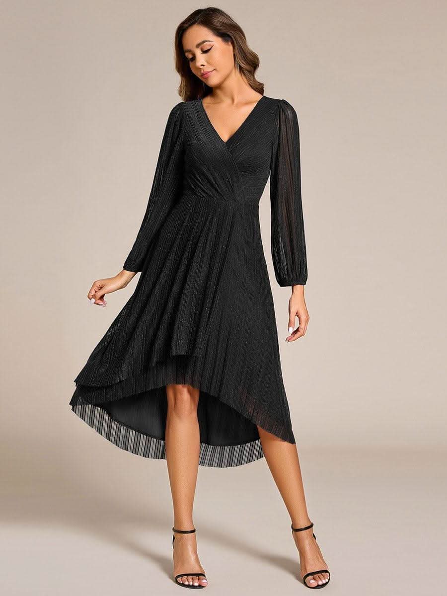 Glitter Long Sleeve V-Neck A-Line Midi Wedding Guest Dress #color_Black