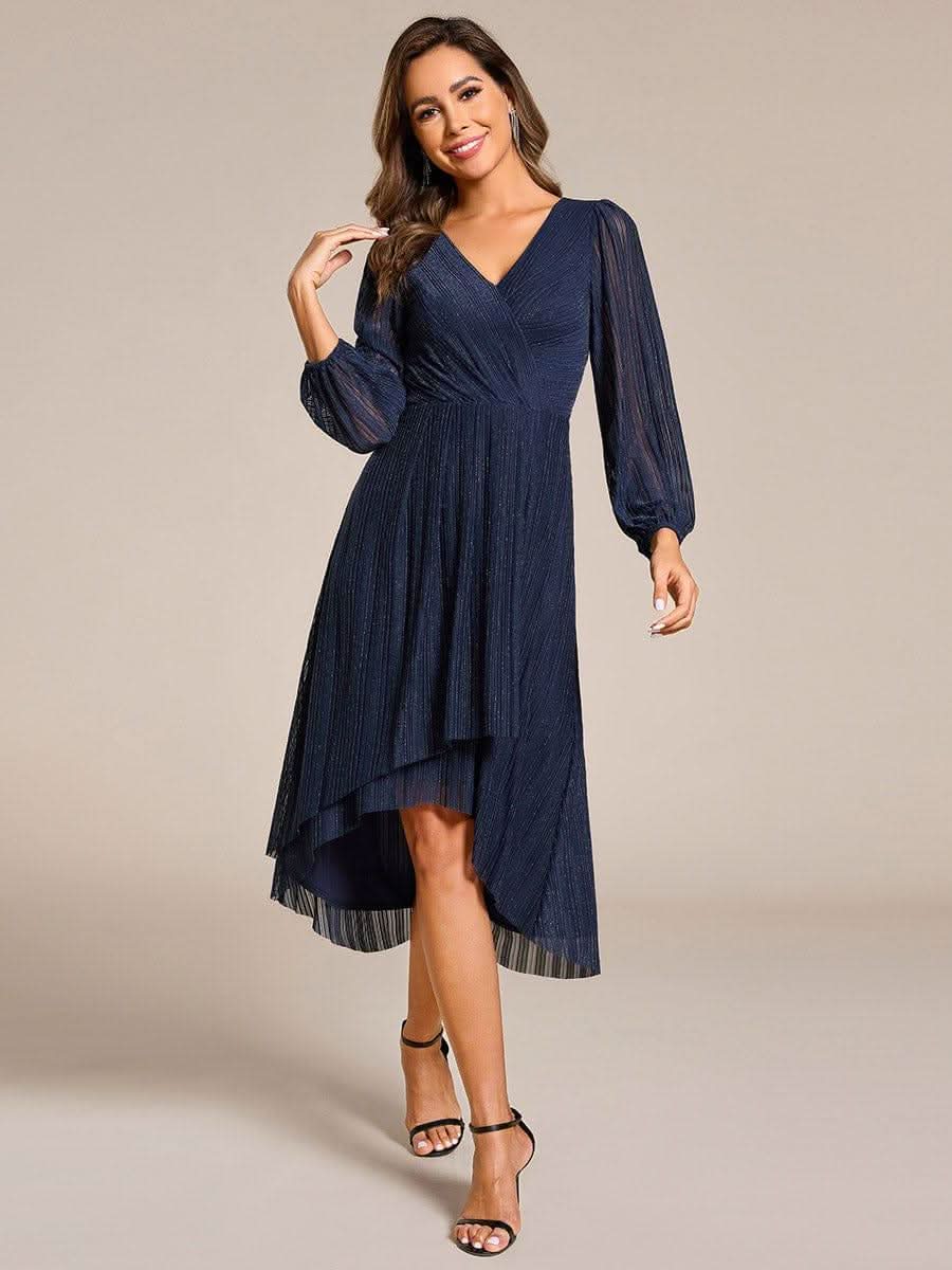 Glitter Long Sleeve V-Neck A-Line Midi Wedding Guest Dress #color_Navy Blue