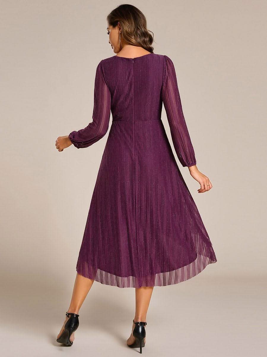 Glitter Long Sleeve V-Neck A-Line Midi Wedding Guest Dress #color_Purple Wisteria