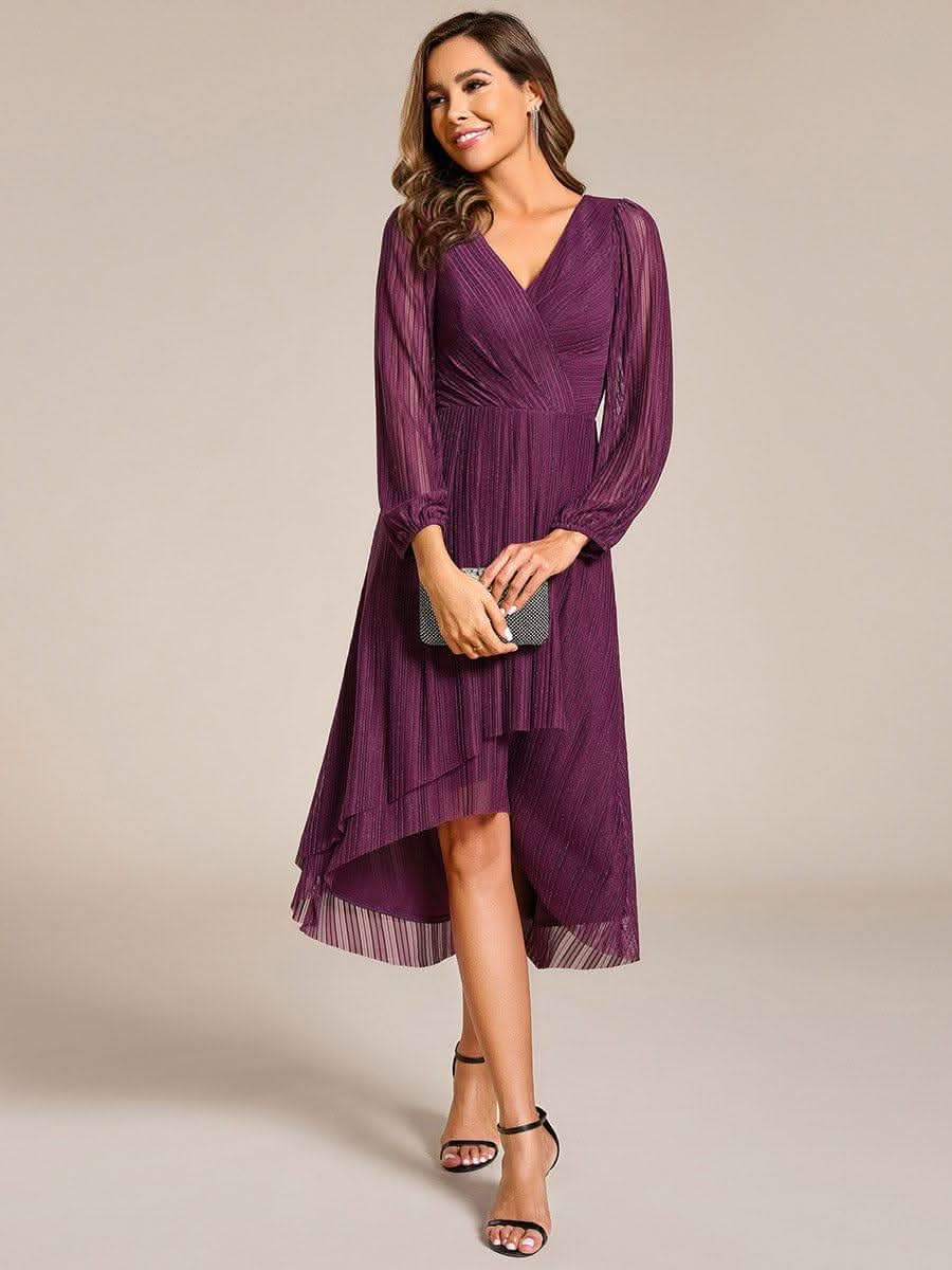 Glitter Long Sleeve V-Neck A-Line Midi Wedding Guest Dress #color_Purple Wisteria