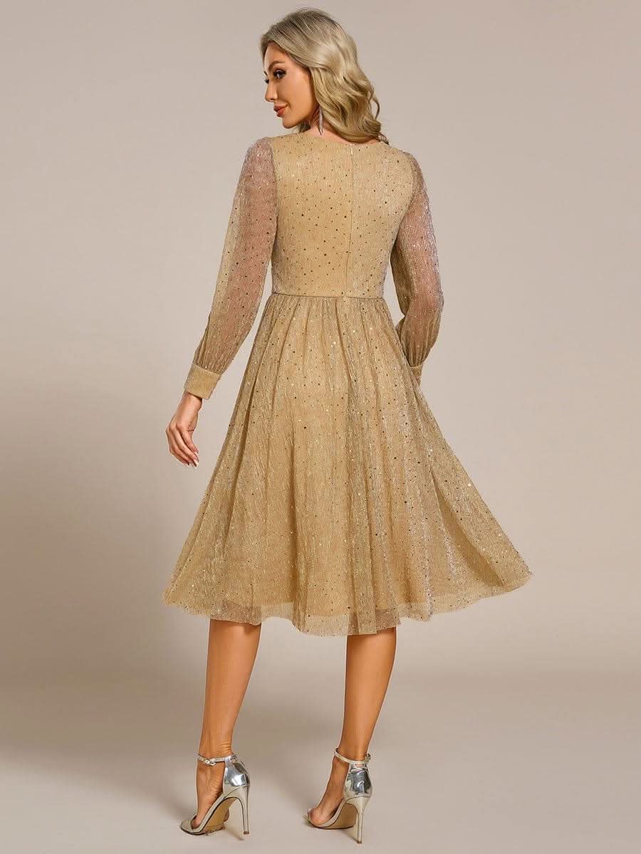 Glitter Midi Wedding Guest Dress with Long Sleeves #color_Gold