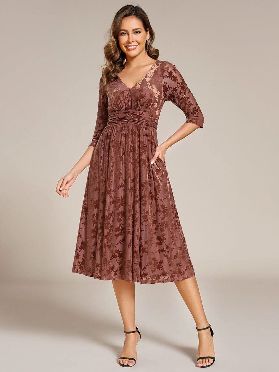 Floral Velvet 3/4 Sleeve V-Neck Pleated Wedding Guest Dress #color_Brown