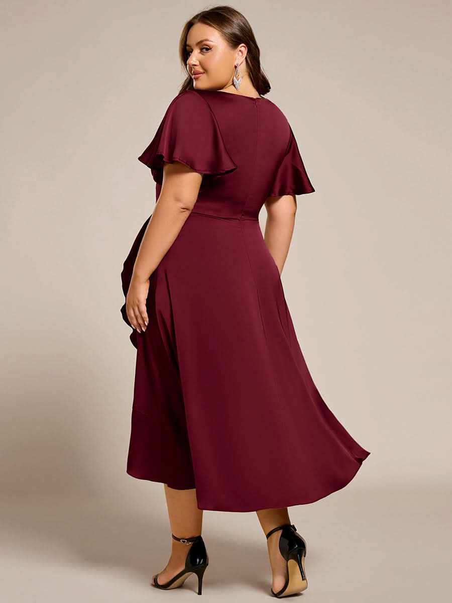 V-Neck Satin Midi Wedding Guest Dress with Ruffled Skirt #color_Burgundy