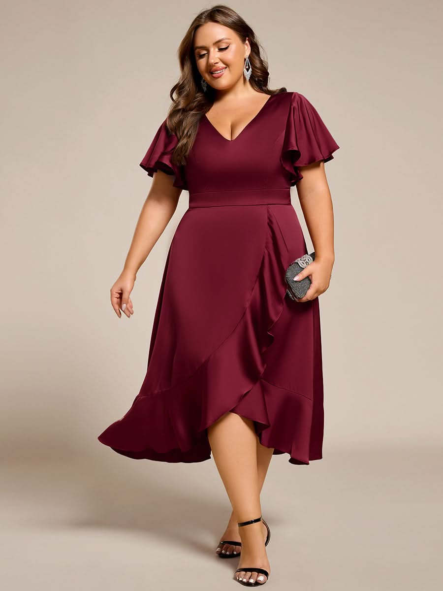 V-Neck Satin Midi Wedding Guest Dress with Ruffled Skirt #color_Burgundy