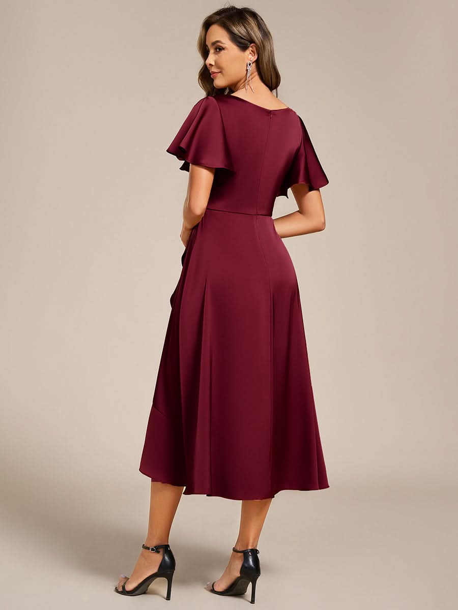 V-Neck Satin Midi Wedding Guest Dress with Ruffled Skirt #color_Burgundy