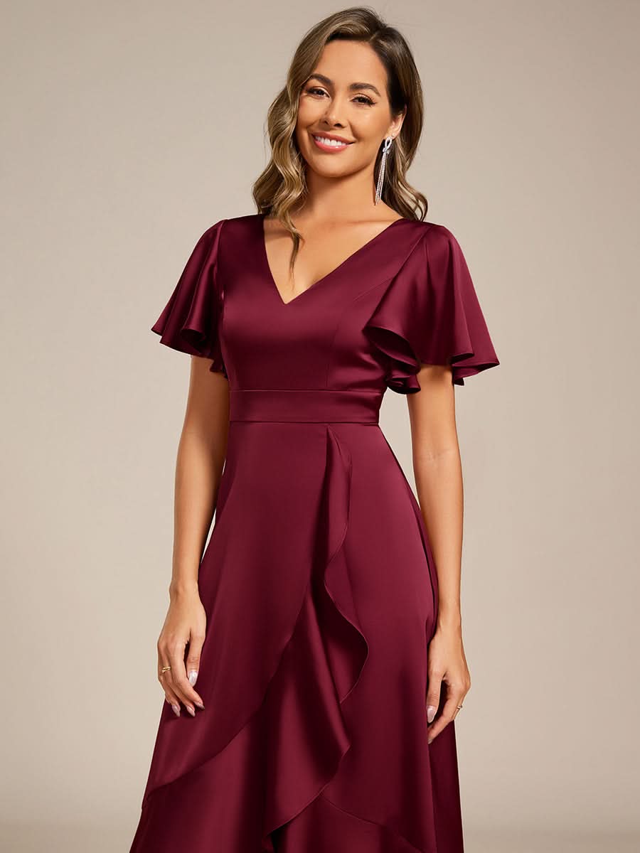 V-Neck Satin Midi Wedding Guest Dress with Ruffled Skirt #color_Burgundy