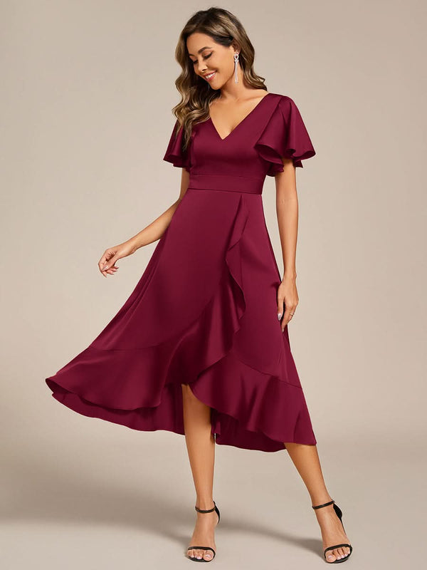 V-Neck Satin Midi Wedding Guest Dress with Ruffled Skirt #color_Brown ever SAIGE|V-Neck Satin Midi Wedding Guest Dress with Ruffled Skirt