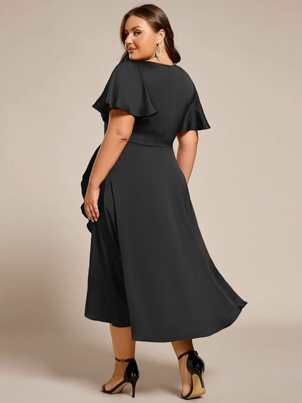 V-Neck Satin Midi Wedding Guest Dress with Ruffled Skirt #color_Brown ever SAIGE|V-Neck Satin Midi Wedding Guest Dress with Ruffled Skirt