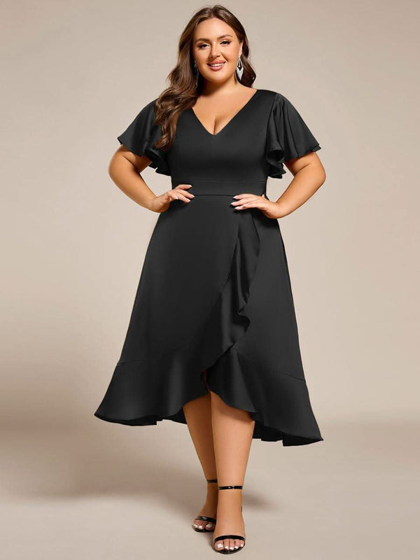 V-Neck Satin Midi Wedding Guest Dress with Ruffled Skirt #color_Brown ever SAIGE|V-Neck Satin Midi Wedding Guest Dress with Ruffled Skirt