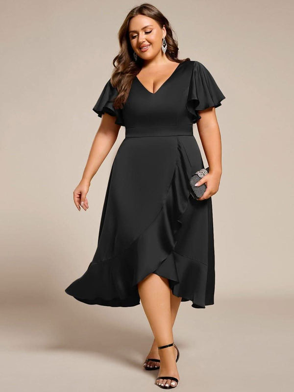 V-Neck Satin Midi Wedding Guest Dress with Ruffled Skirt #color_Brown ever SAIGE|V-Neck Satin Midi Wedding Guest Dress with Ruffled Skirt