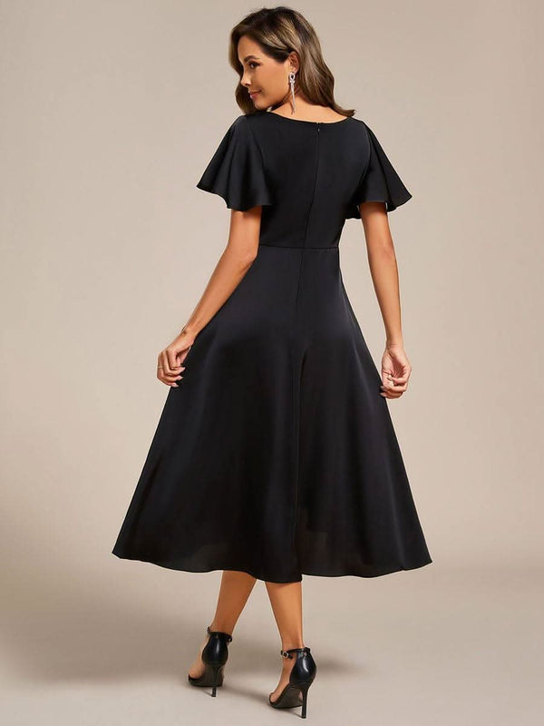 V-Neck Satin Midi Wedding Guest Dress with Ruffled Skirt #color_Brown ever SAIGE|V-Neck Satin Midi Wedding Guest Dress with Ruffled Skirt