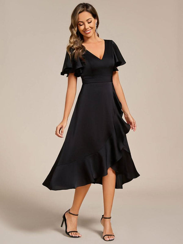 V-Neck Satin Midi Wedding Guest Dress with Ruffled Skirt #color_Brown ever SAIGE|V-Neck Satin Midi Wedding Guest Dress with Ruffled Skirt