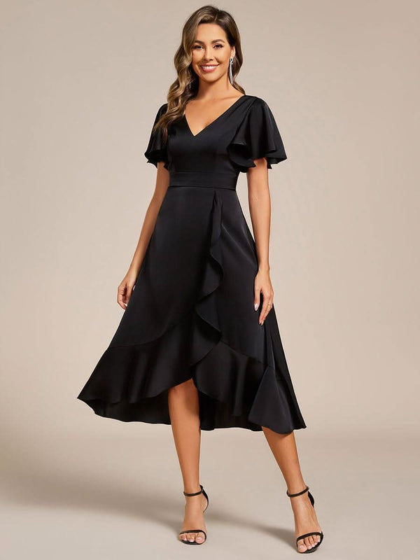 V-Neck Satin Midi Wedding Guest Dress with Ruffled Skirt #color_Brown ever SAIGE|V-Neck Satin Midi Wedding Guest Dress with Ruffled Skirt