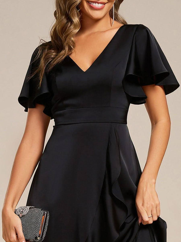 V-Neck Satin Midi Wedding Guest Dress with Ruffled Skirt #color_Brown ever SAIGE|V-Neck Satin Midi Wedding Guest Dress with Ruffled Skirt