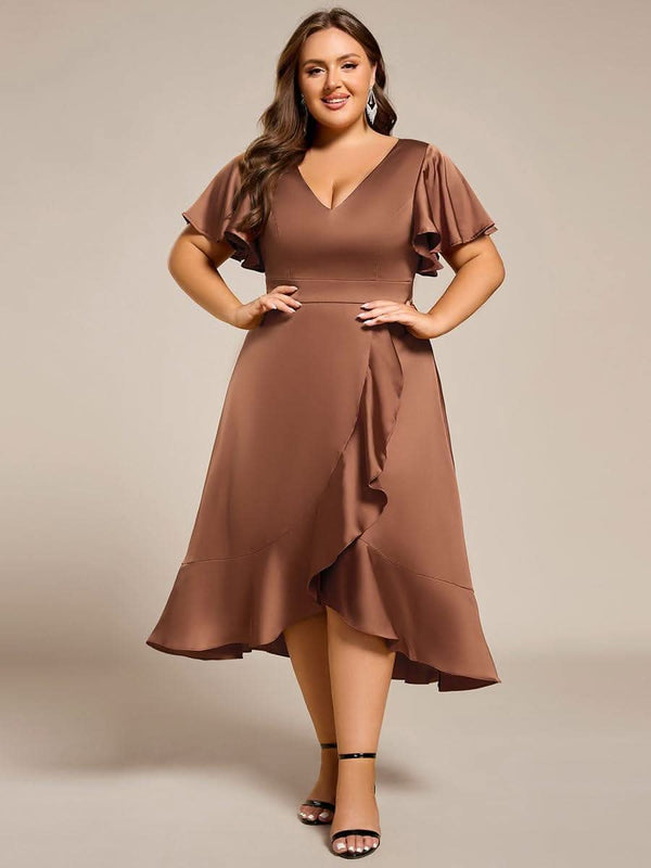 V-Neck Satin Midi Wedding Guest Dress with Ruffled Skirt #color_Brown ever SAIGE|V-Neck Satin Midi Wedding Guest Dress with Ruffled Skirt