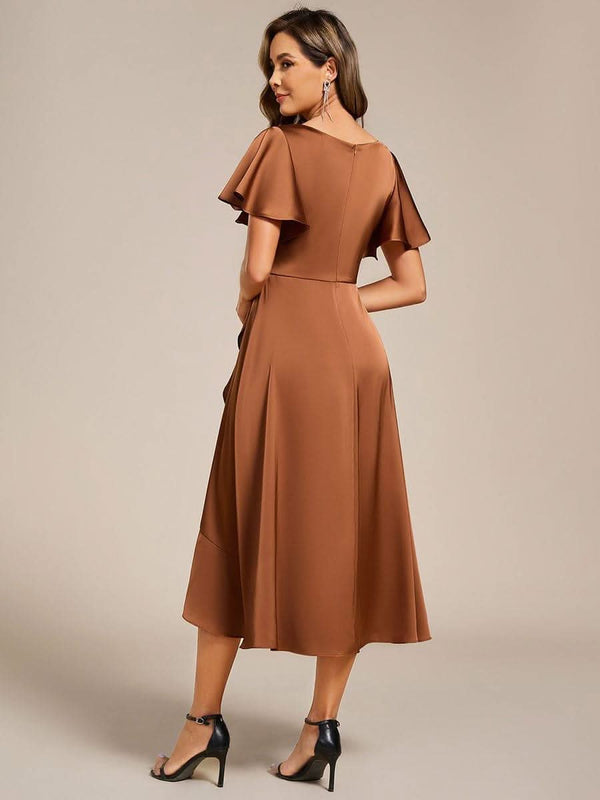 V-Neck Satin Midi Wedding Guest Dress with Ruffled Skirt #color_Brown ever SAIGE|V-Neck Satin Midi Wedding Guest Dress with Ruffled Skirt