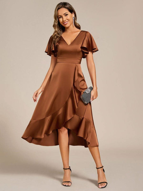 V-Neck Satin Midi Wedding Guest Dress with Ruffled Skirt #color_Brown ever SAIGE|V-Neck Satin Midi Wedding Guest Dress with Ruffled Skirt