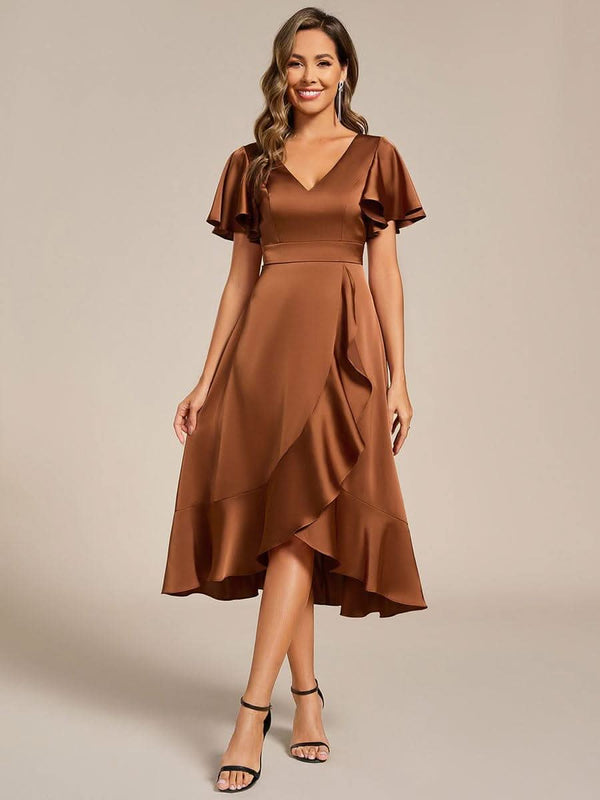 V-Neck Satin Midi Wedding Guest Dress with Ruffled Skirt #color_Brown ever SAIGE|V-Neck Satin Midi Wedding Guest Dress with Ruffled Skirt