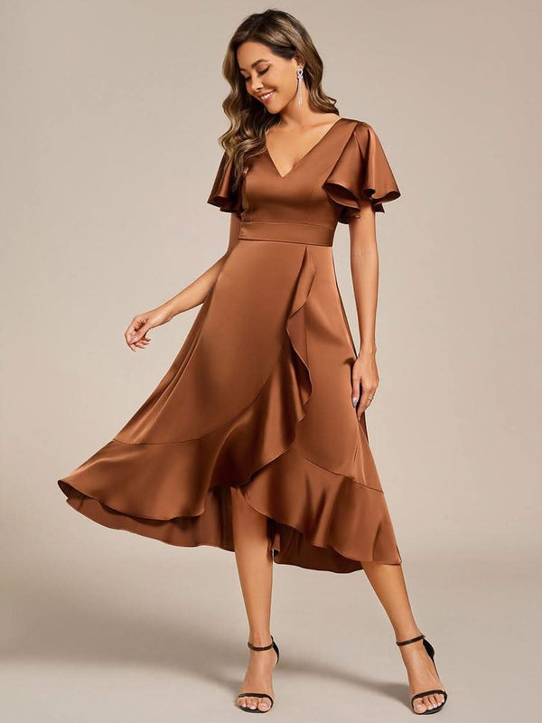 V-Neck Satin Midi Wedding Guest Dress with Ruffled Skirt #color_Brown ever SAIGE|V-Neck Satin Midi Wedding Guest Dress with Ruffled Skirt