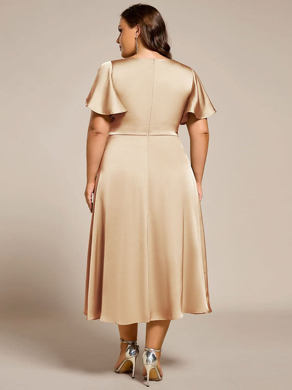 V-Neck Satin Midi Wedding Guest Dress with Ruffled Skirt #color_Brown ever SAIGE|V-Neck Satin Midi Wedding Guest Dress with Ruffled Skirt