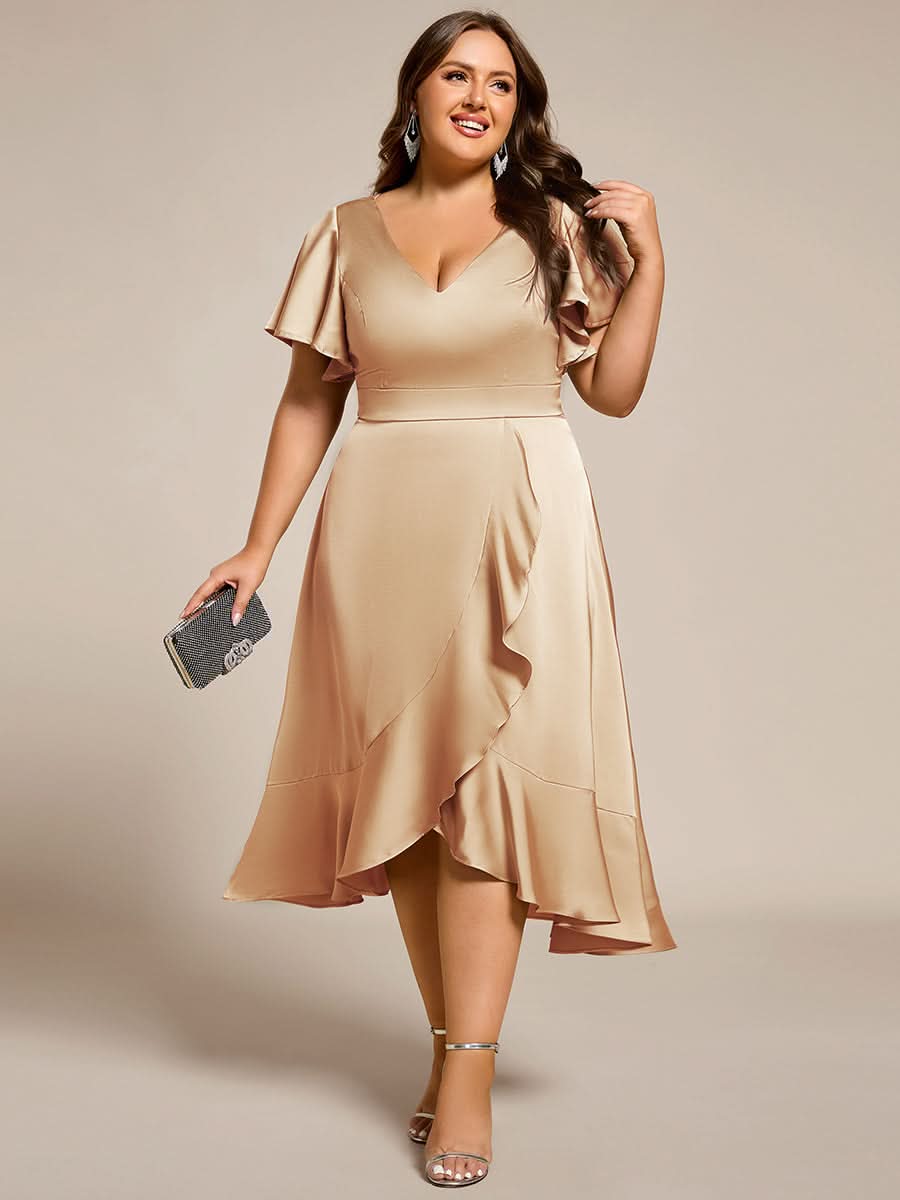 V-Neck Satin Midi Wedding Guest Dress with Ruffled Skirt #color_Champagne