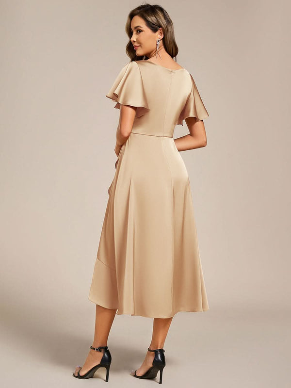 V-Neck Satin Midi Wedding Guest Dress with Ruffled Skirt #color_Brown ever SAIGE|V-Neck Satin Midi Wedding Guest Dress with Ruffled Skirt