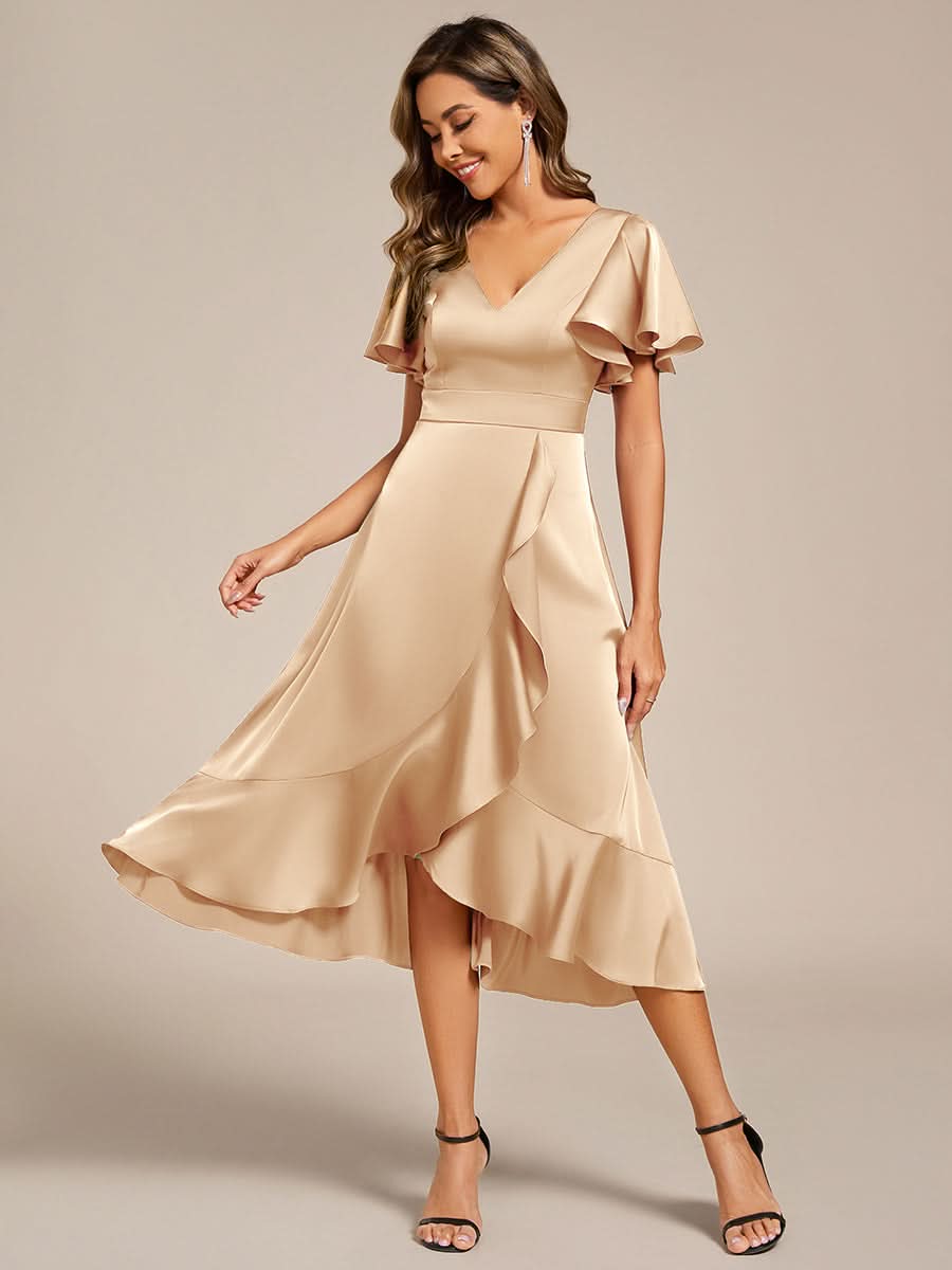 V-Neck Satin Midi Wedding Guest Dress with Ruffled Skirt #color_Champagne