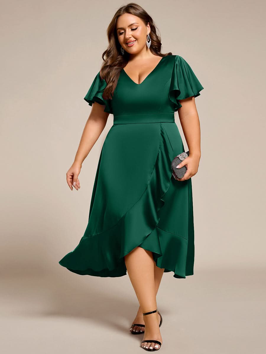V-Neck Satin Midi Wedding Guest Dress with Ruffled Skirt #color_Dark Green