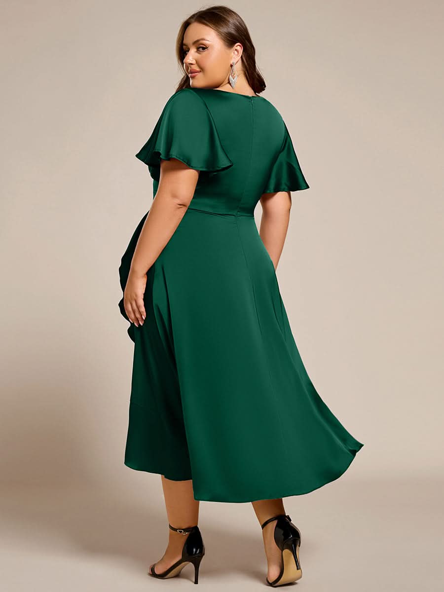V-Neck Satin Midi Wedding Guest Dress with Ruffled Skirt #color_Dark Green