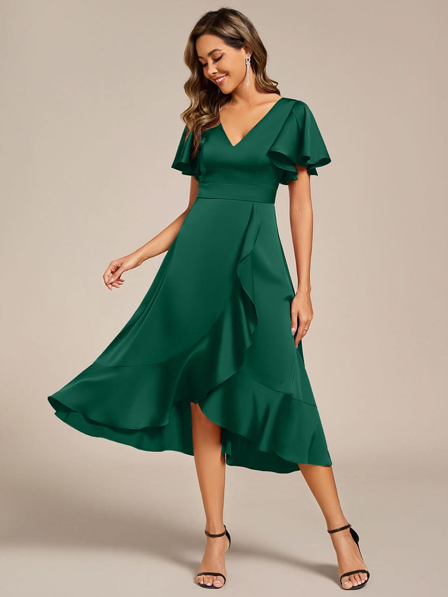 V-Neck Satin Midi Wedding Guest Dress with Ruffled Skirt #color_Dark Green