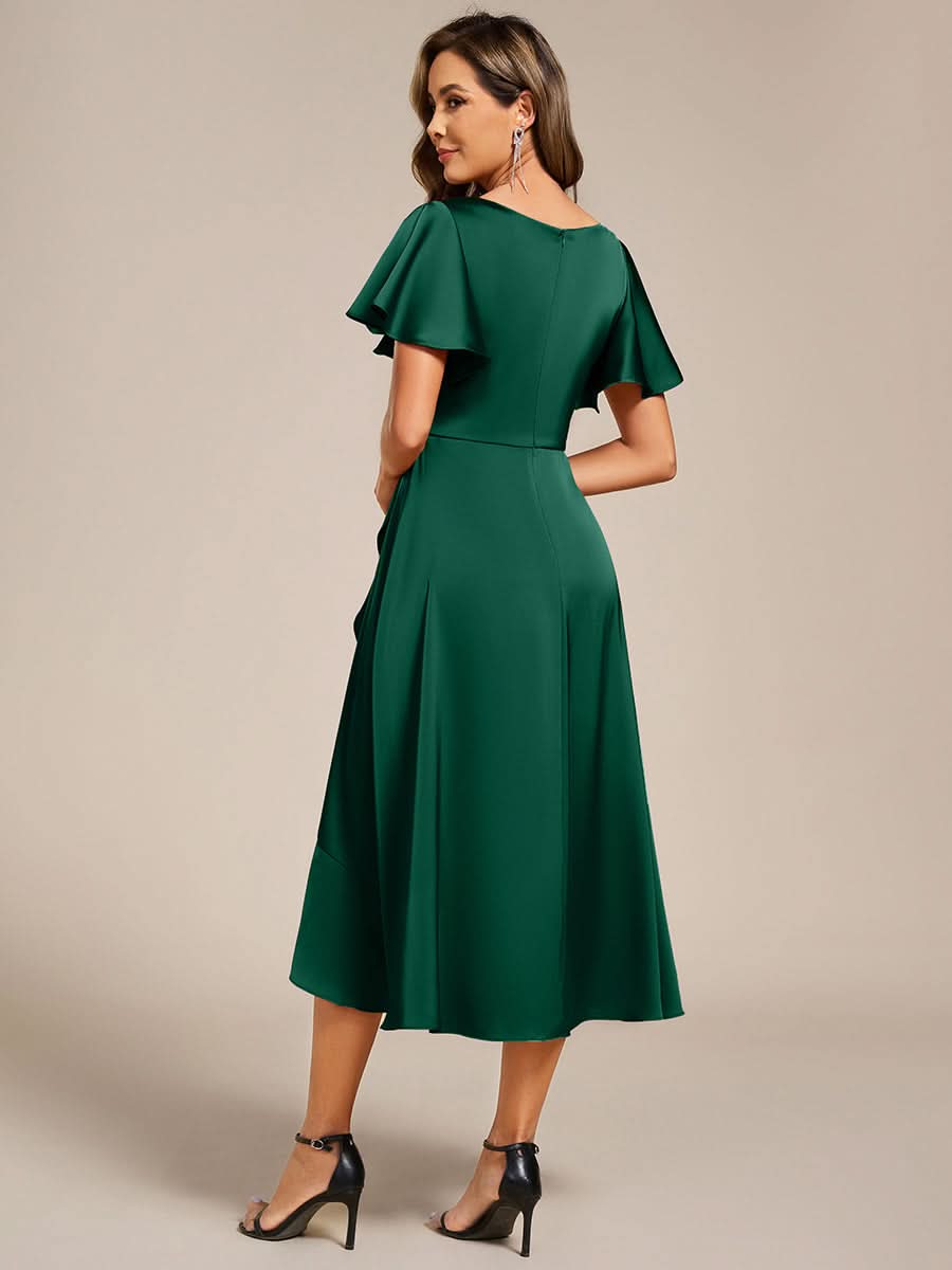 V-Neck Satin Midi Wedding Guest Dress with Ruffled Skirt #color_Dark Green