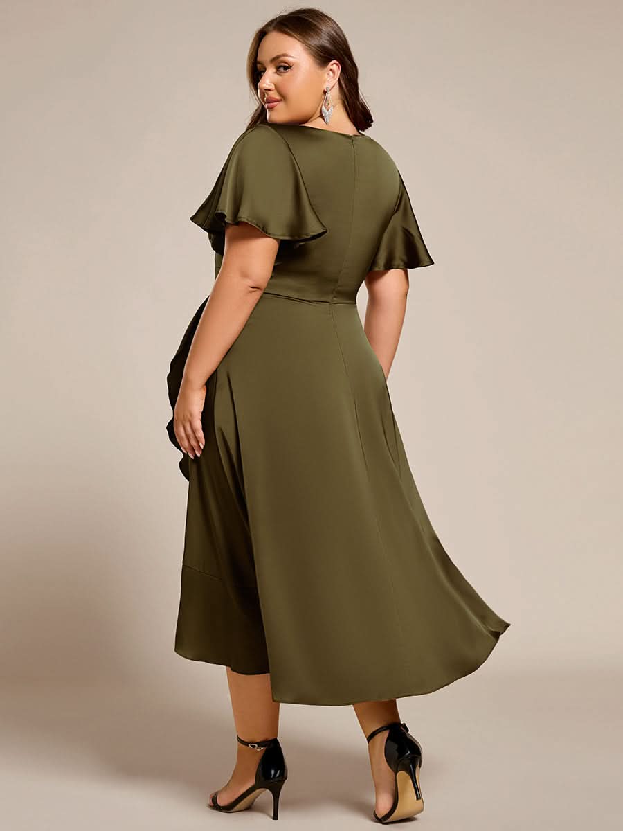 V-Neck Satin Midi Wedding Guest Dress with Ruffled Skirt #color_Olive Green