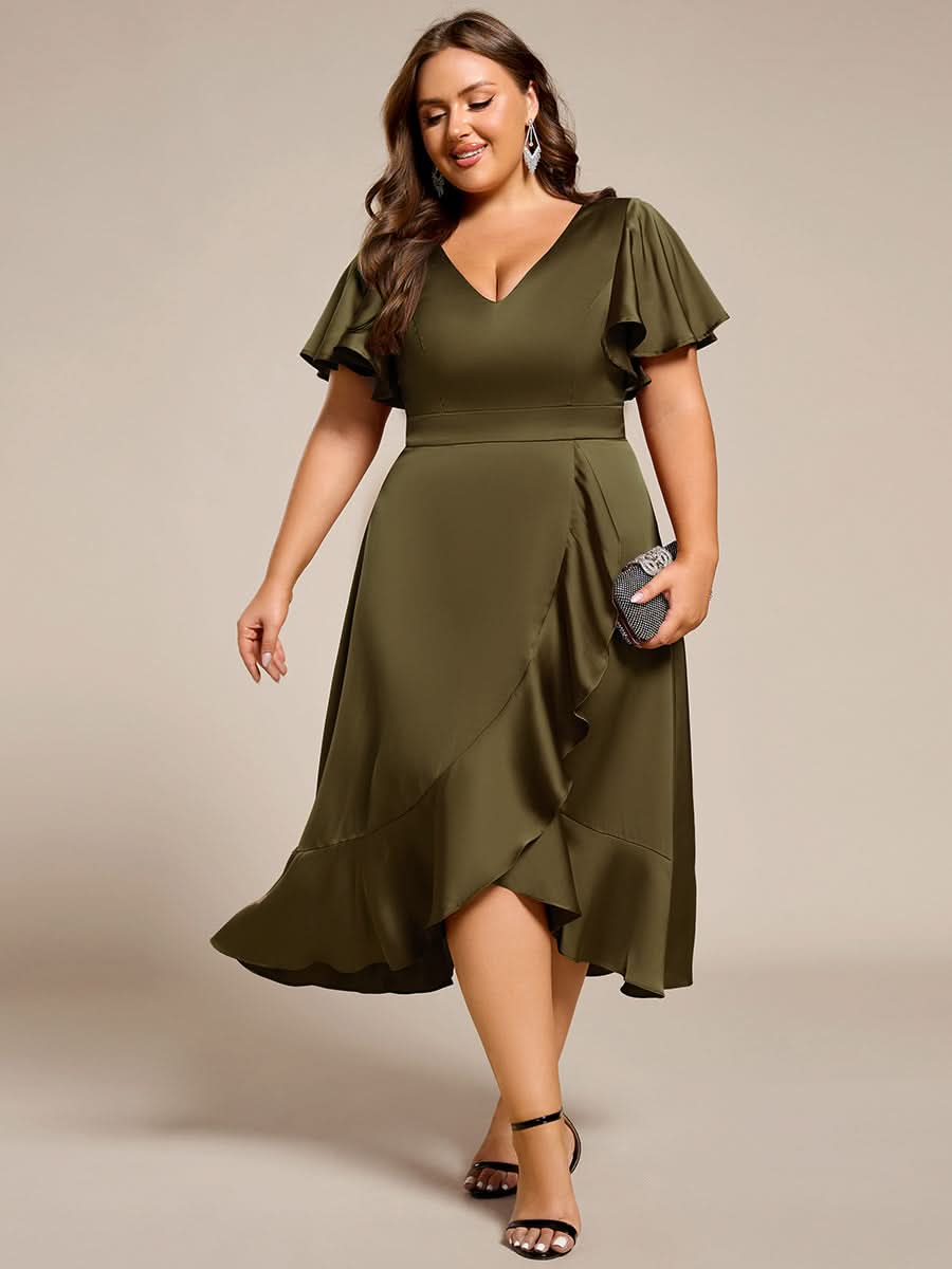 V-Neck Satin Midi Wedding Guest Dress with Ruffled Skirt #color_Olive Green