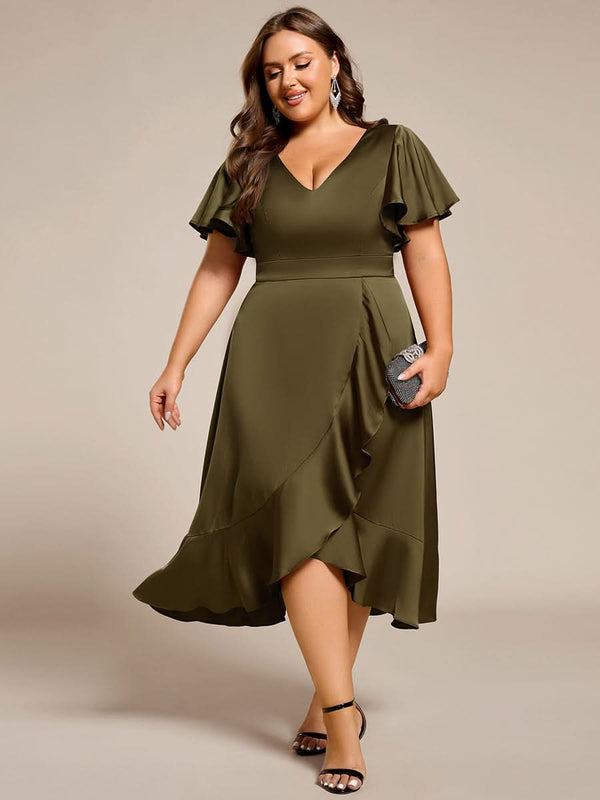 V-Neck Satin Midi Wedding Guest Dress with Ruffled Skirt #color_Brown ever SAIGE|V-Neck Satin Midi Wedding Guest Dress with Ruffled Skirt