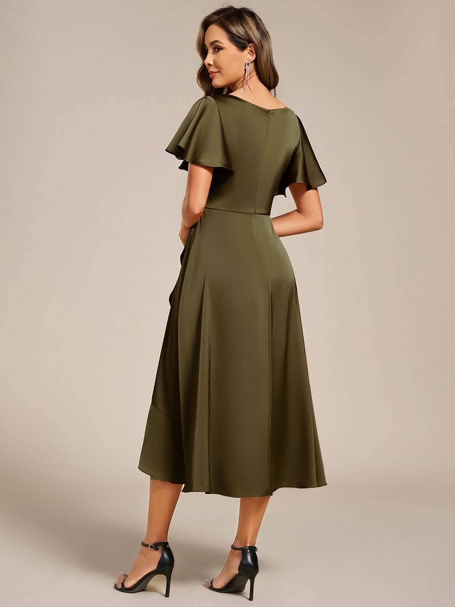 V-Neck Satin Midi Wedding Guest Dress with Ruffled Skirt #color_Olive Green
