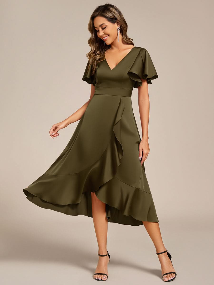 V-Neck Satin Midi Wedding Guest Dress with Ruffled Skirt #color_Olive Green