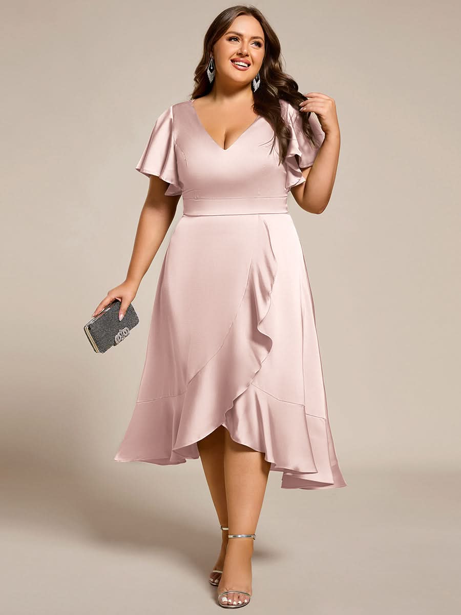 V-Neck Satin Midi Wedding Guest Dress with Ruffled Skirt #color_Pink