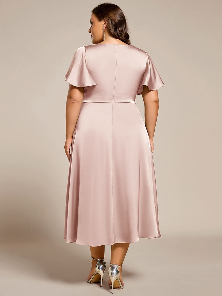 V-Neck Satin Midi Wedding Guest Dress with Ruffled Skirt #color_Pink