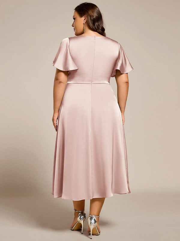 V-Neck Satin Midi Wedding Guest Dress with Ruffled Skirt #color_Brown ever SAIGE|V-Neck Satin Midi Wedding Guest Dress with Ruffled Skirt