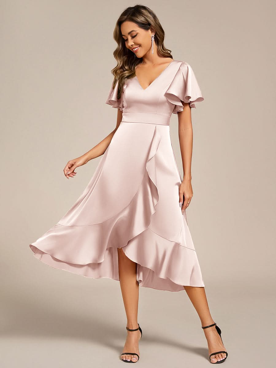 V-Neck Satin Midi Wedding Guest Dress with Ruffled Skirt #color_Pink