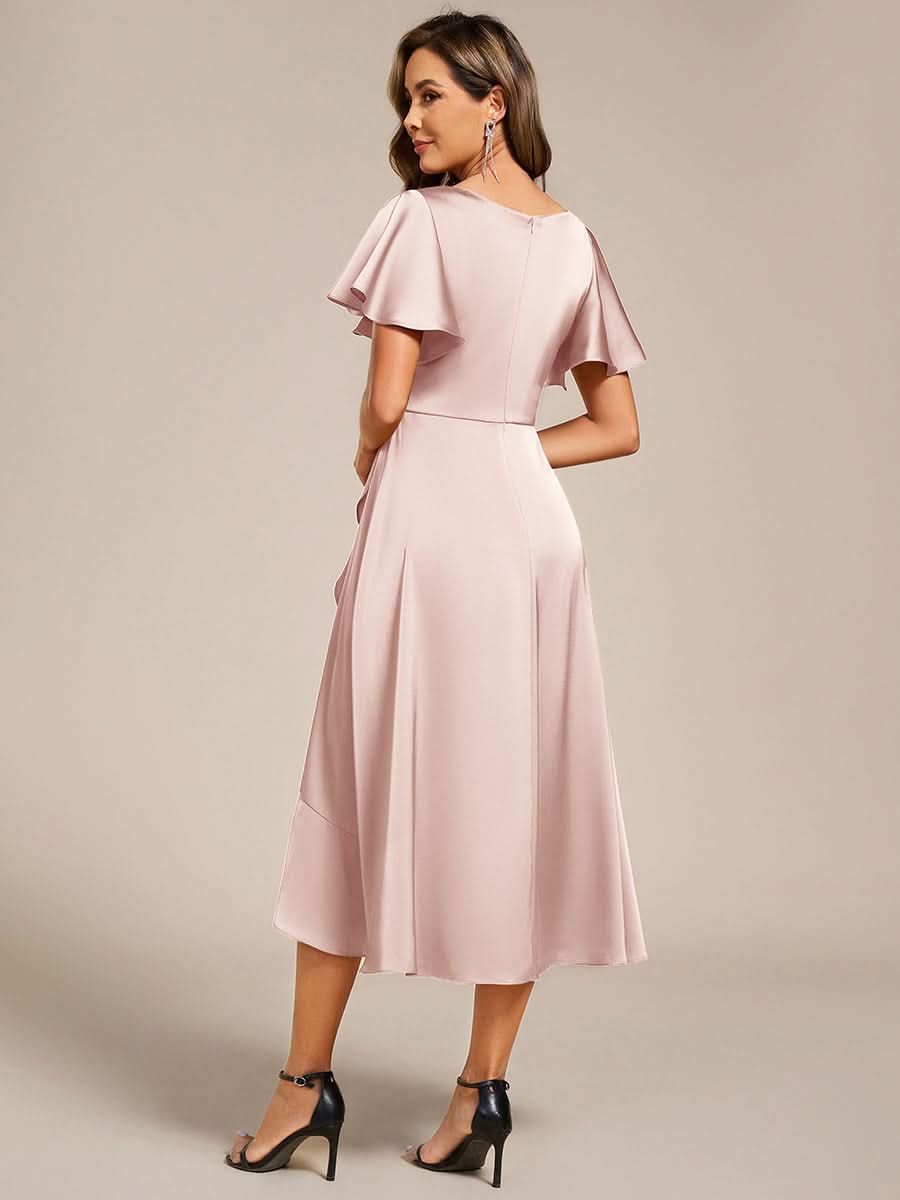 V-Neck Satin Midi Wedding Guest Dress with Ruffled Skirt #color_Pink