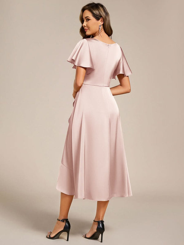 V-Neck Satin Midi Wedding Guest Dress with Ruffled Skirt #color_Brown ever SAIGE|V-Neck Satin Midi Wedding Guest Dress with Ruffled Skirt
